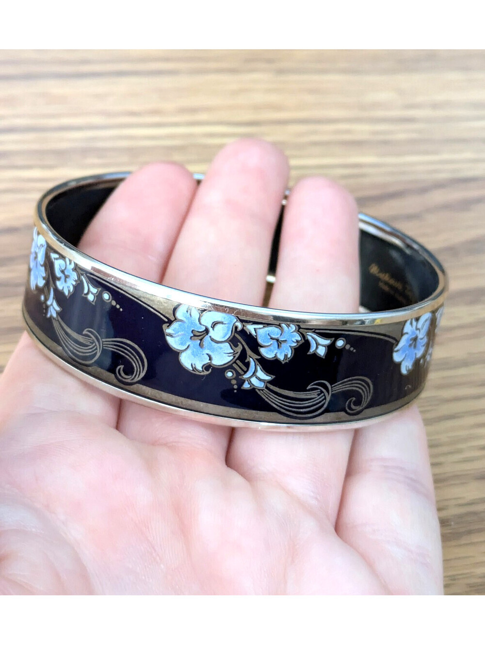 Michaela Frey Enamel Blue Floral Signed Bangle Bracelet 2.75 Austria Vintage